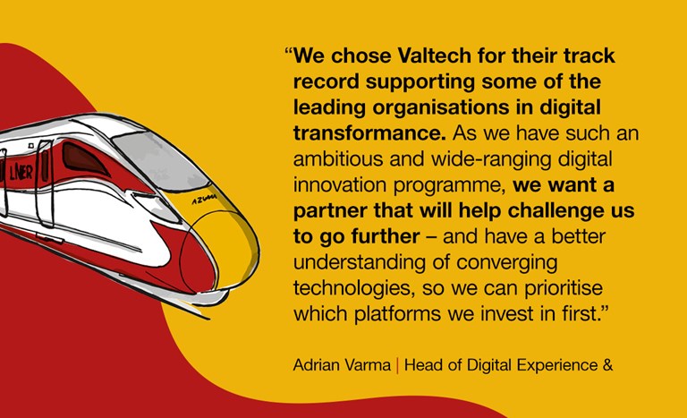 Sketch of LNER train on yellow background next to quote: “We chose Valtech for their track record supporting some of the leading organisations in digital transformance. As we have such an ambitious and wide-ranging digital innovation programme, we want a partner that will help challenge us to go further – and have a better understanding of converging technologies, so we can prioritise which platforms we invest in first.” Adrian Varma, Head of Digital Experience & Innovation