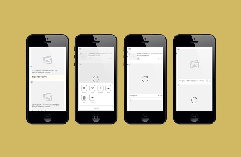 Four phone screens side-by-side showing Lorem Ipsum template pages from the application
