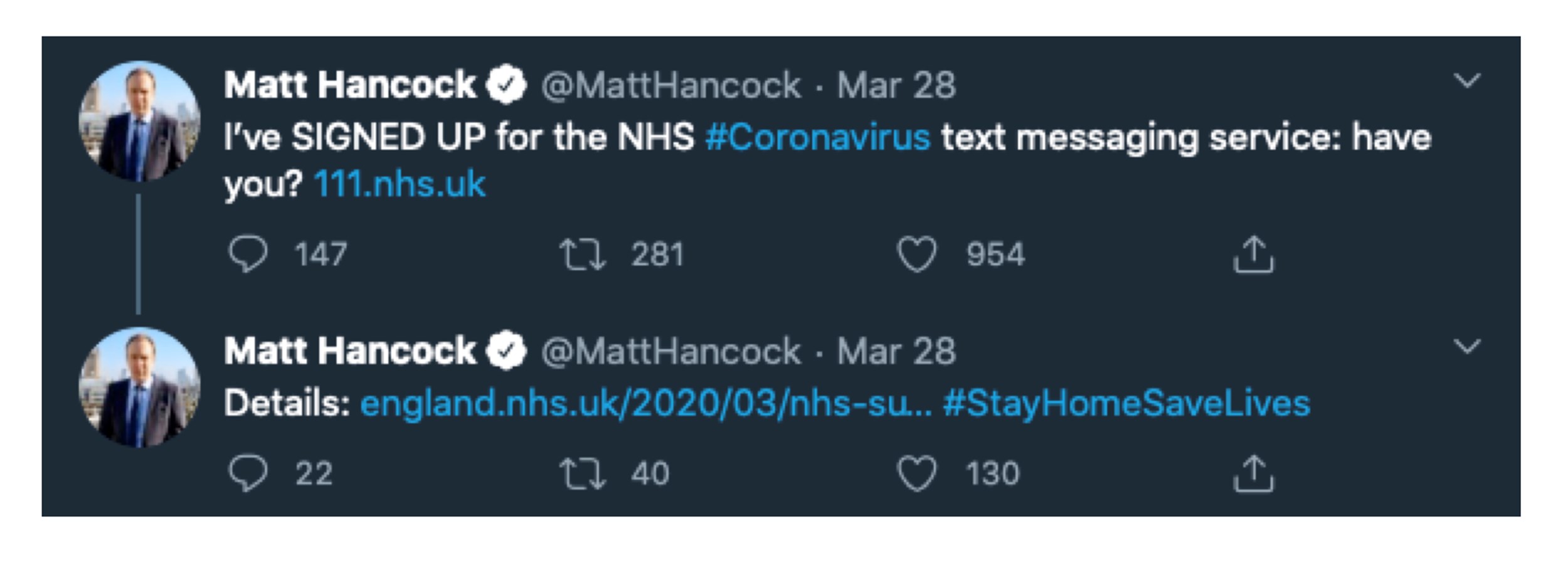Tweet about NHS COIV-19 texting service