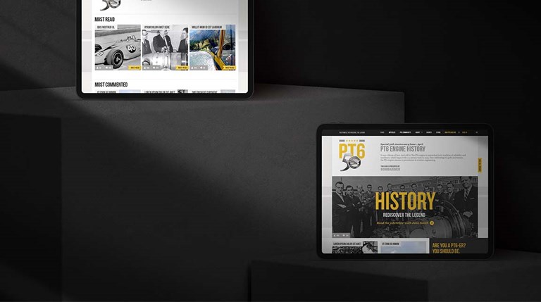 Two tablet dark mockup of Pratt & Whitney Pt6 History pages 