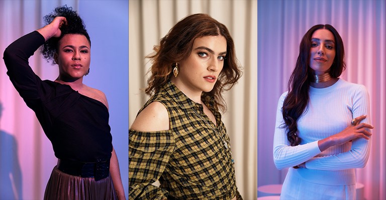From left to right: A Portrait of a dark haired influencer wearing black and showing off their hair for Pantene; a portrait of a brunette influencer wearing plaid and showing off their hair for Pantene; a portrait of an influencer in white, showing off their long hair for Pantene
