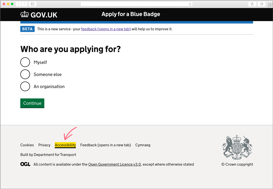 A highlighted link pointed to the accessibility statement on the new Blue Badge application website