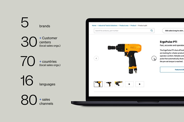 Mockup of Atlas Copco Drill Overview page with case study statistics