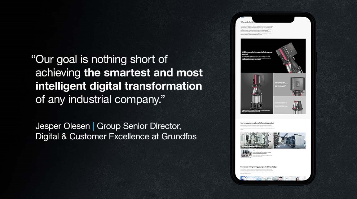 Mobile Phone Mockup on a dark background showing the CRE Product page from Grundfos.com with a quote from Jesper Olesen, Group Senior Director, Digital & Customer Excellence at Grundfos which reads: “Our goal is nothing short of achieving the smartest and most intelligent digital transformation of any industrial company.” 
