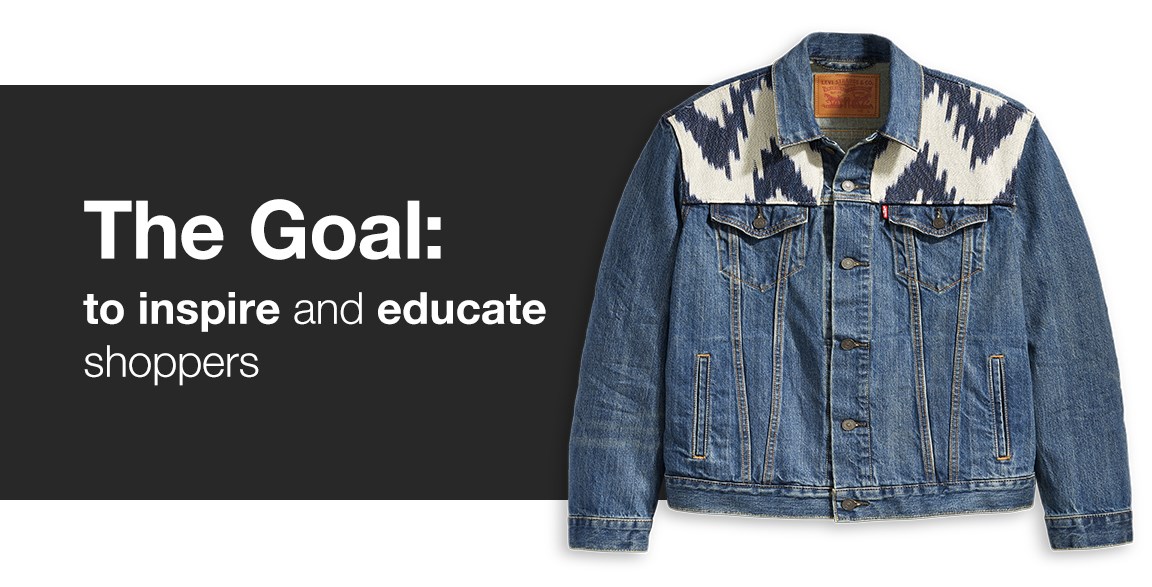 Denim Jacket on a dark grey background with content "The Goal: to inspire and educate shoppers"