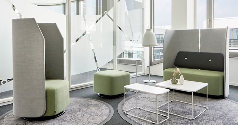 lime-green office cluster seating and table