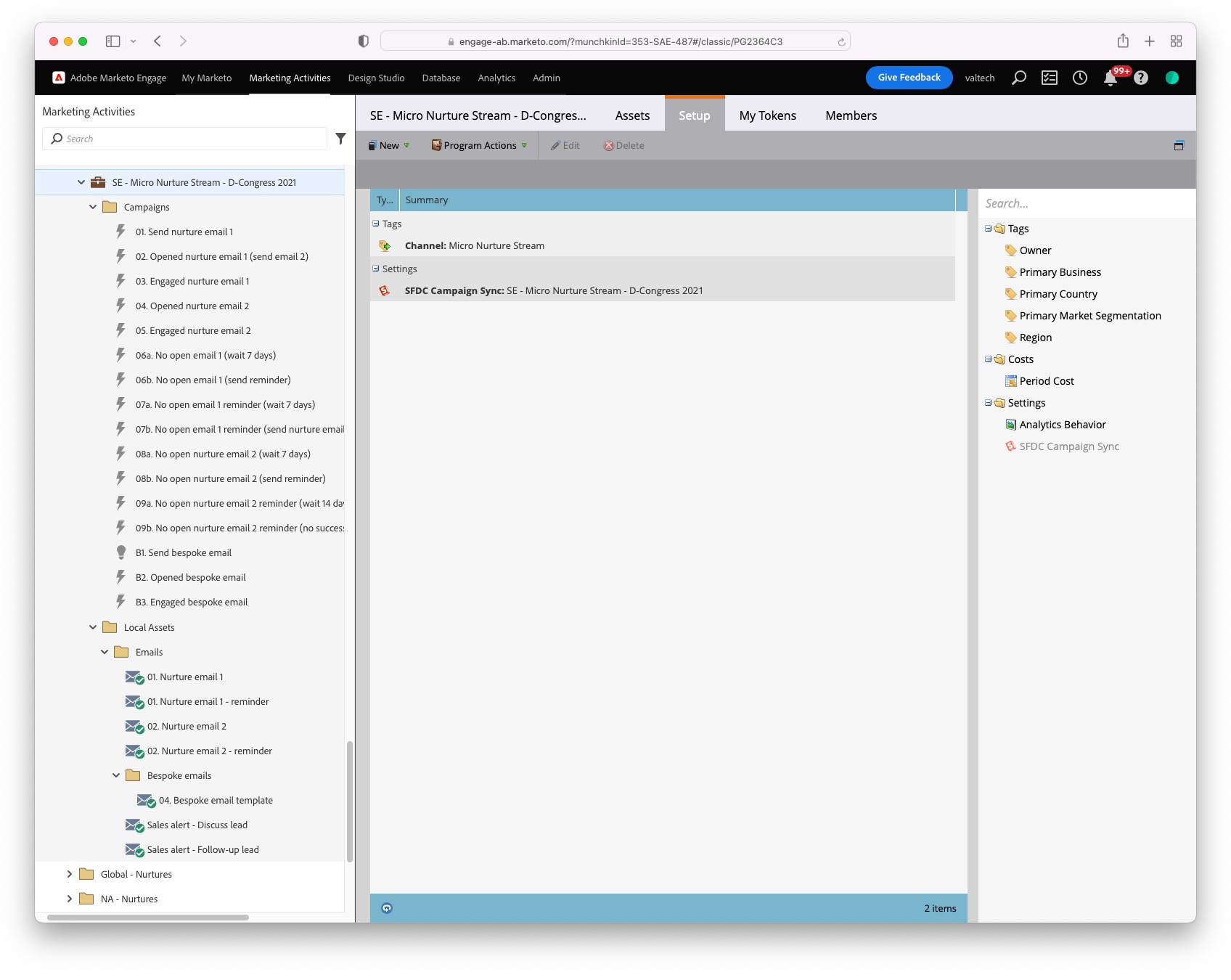 Image of a screenshot of Marketo showing the micro nurture folder expanded
