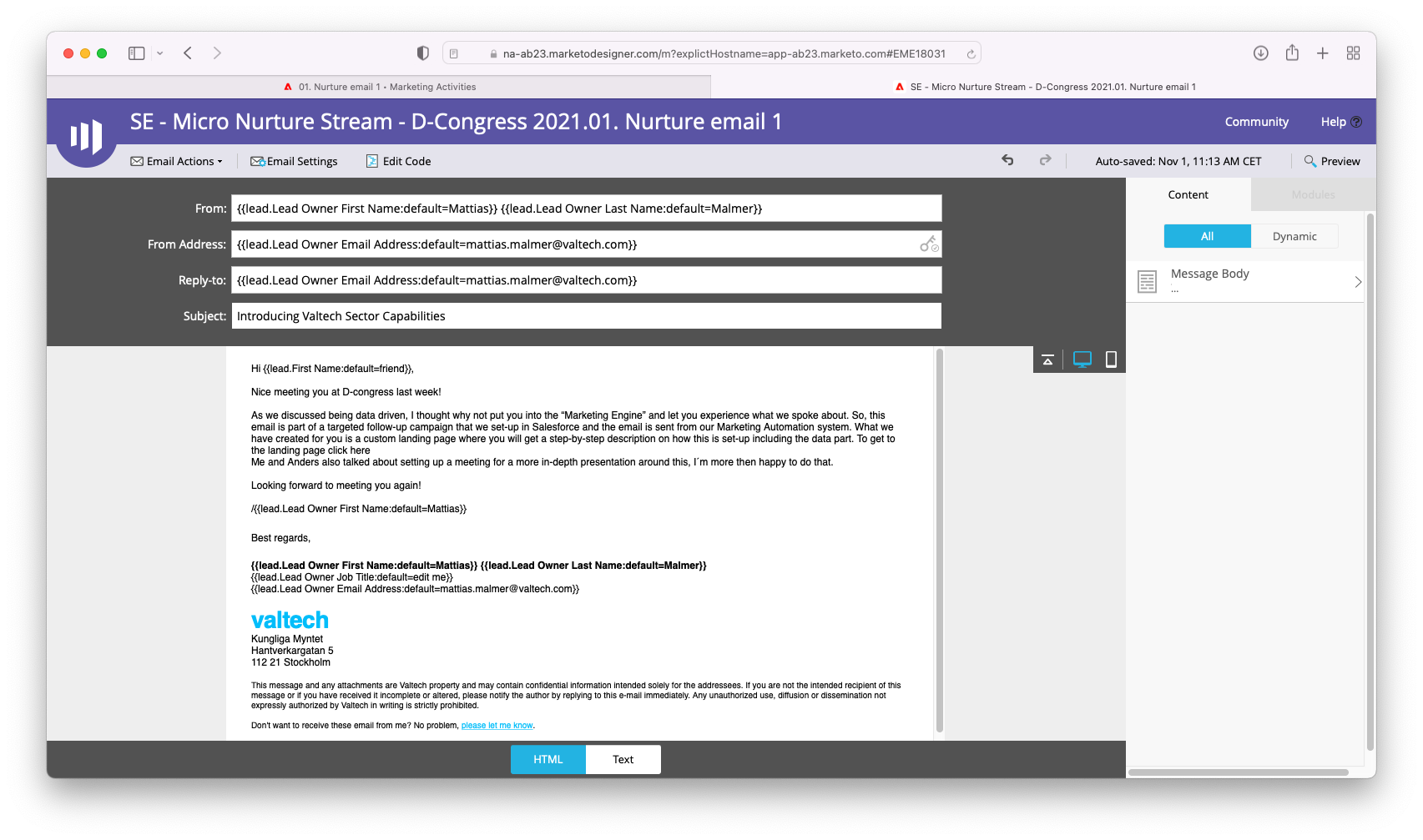 Image of screenshot from Marketo editing email with personalisation