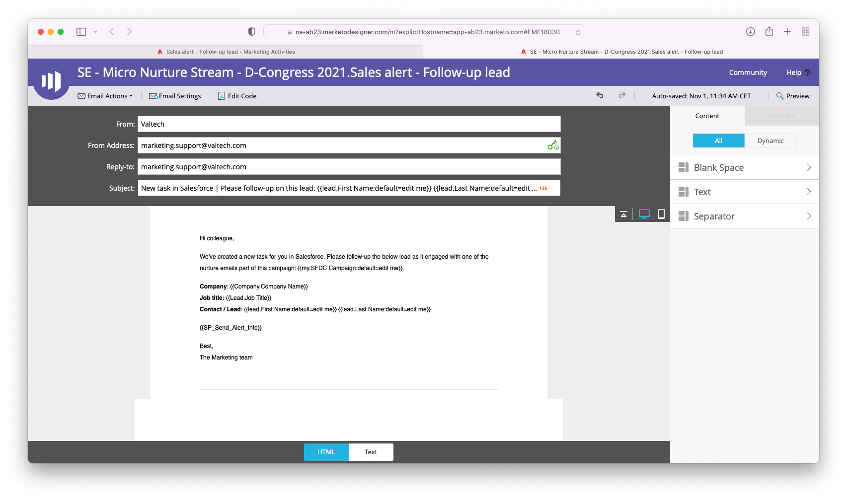 Image of screenshot of Marketo with the follow-up email