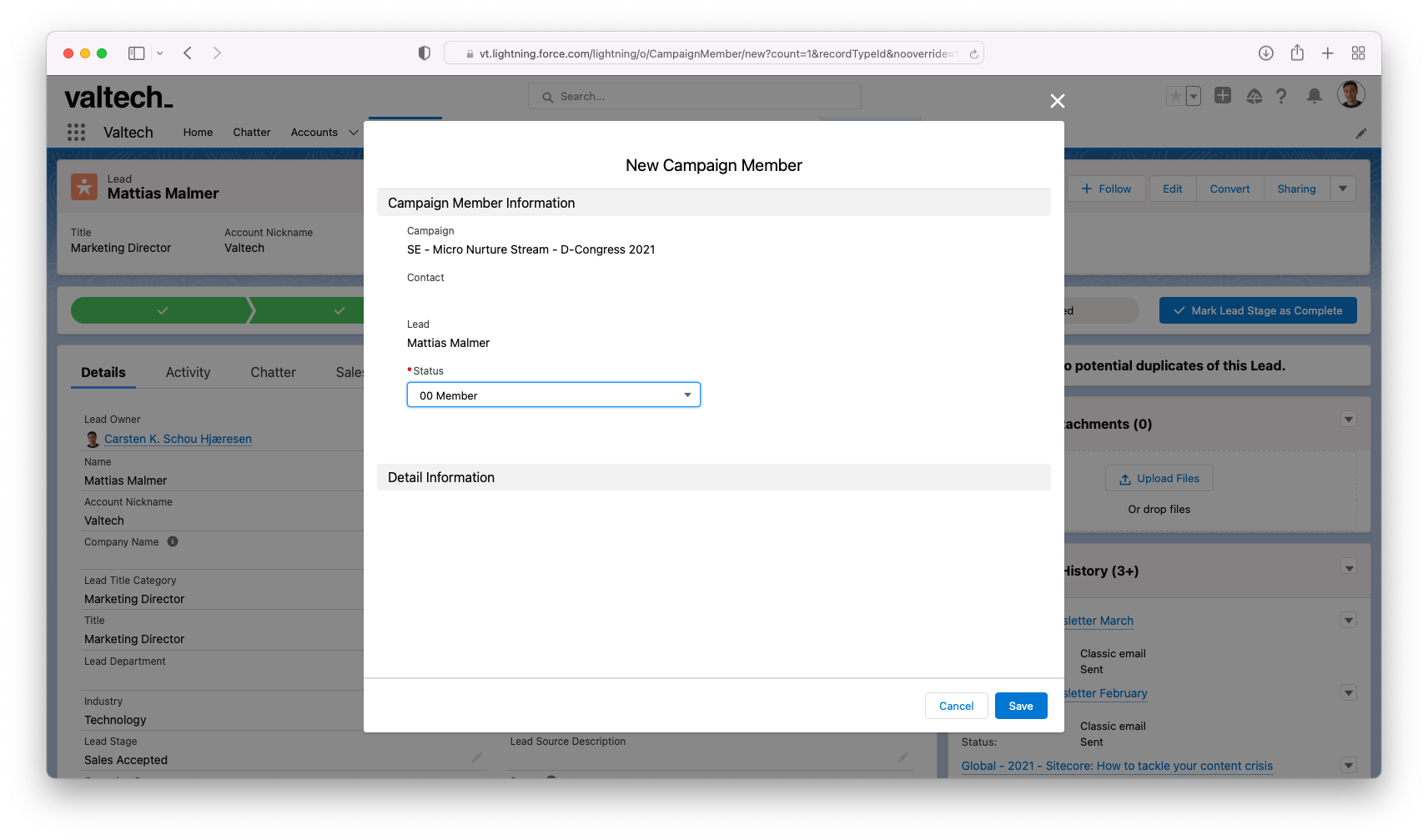 Image of a screenshot from Salesforce where to add a lead to a campaign