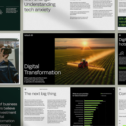 Collage of digital transformation themes in agriculture and manufacturing, showcasing a mix of graphs, text, and images