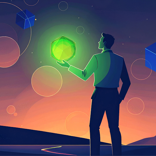 A person stands against a colorful sunset, holding a glowing green geometric shape, with additional blue cubes and circles floating in the sky