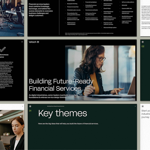 A multi-page presentation mockup showing various screens with text about building future-ready financial services. The screens highlight key themes such as hyper-personalization, autonomous finance, and strong data foundations, with a central image of a woman working on a laptop.