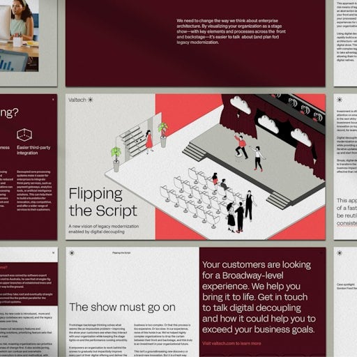 Collage-style business presentation slide featuring text and illustrations about digital decoupling and legacy modernization by Valtech, with a central image of a stage, actors, and audience.