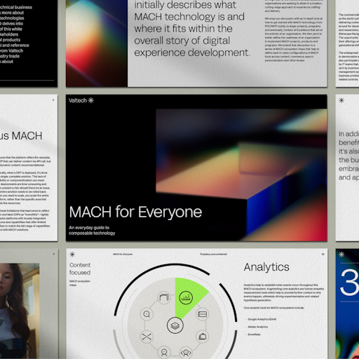 A multi-page mockup showcasing different aspects of MACH technology, presented by Valtech.