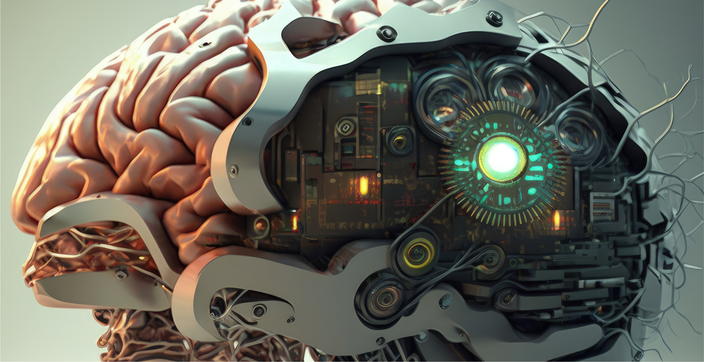 A detailed and futuristic illustration of a human brain integrated with advanced cybernetic technology. The brain is partially exposed, revealing mechanical components, circuits, and glowing lights, symbolizing the fusion of human intelligence with artificial intelligence. The image conveys a high-tech, sci-fi aesthetic, representing concepts such as AI, machine learning, and the future of human-computer interaction.