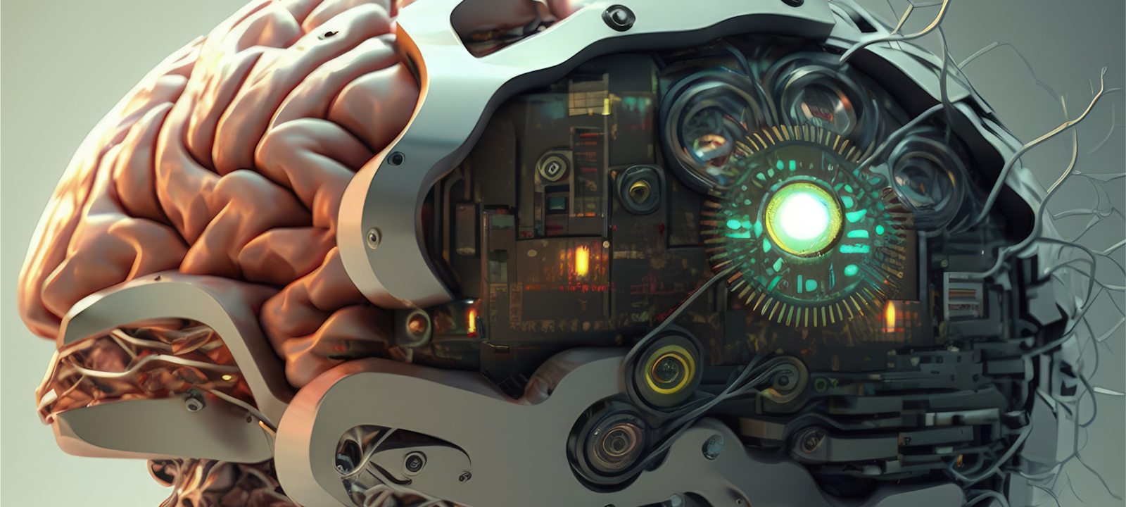 A detailed and futuristic illustration of a human brain integrated with advanced cybernetic technology. The brain is partially exposed, revealing mechanical components, circuits, and glowing lights, symbolizing the fusion of human intelligence with artificial intelligence. The image conveys a high-tech, sci-fi aesthetic, representing concepts such as AI, machine learning, and the future of human-computer interaction.