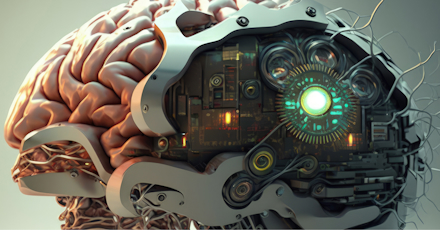 A detailed and futuristic illustration of a human brain integrated with advanced cybernetic technology. The brain is partially exposed, revealing mechanical components, circuits, and glowing lights, symbolizing the fusion of human intelligence with artificial intelligence. The image conveys a high-tech, sci-fi aesthetic, representing concepts such as AI, machine learning, and the future of human-computer interaction.