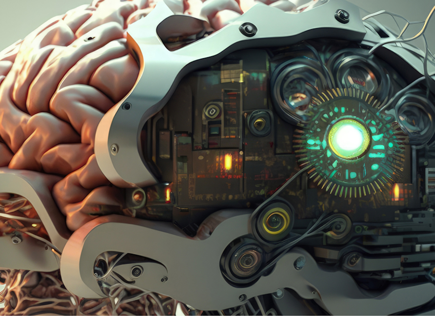 A detailed and futuristic illustration of a human brain integrated with advanced cybernetic technology. The brain is partially exposed, revealing mechanical components, circuits, and glowing lights, symbolizing the fusion of human intelligence with artificial intelligence. The image conveys a high-tech, sci-fi aesthetic, representing concepts such as AI, machine learning, and the future of human-computer interaction.