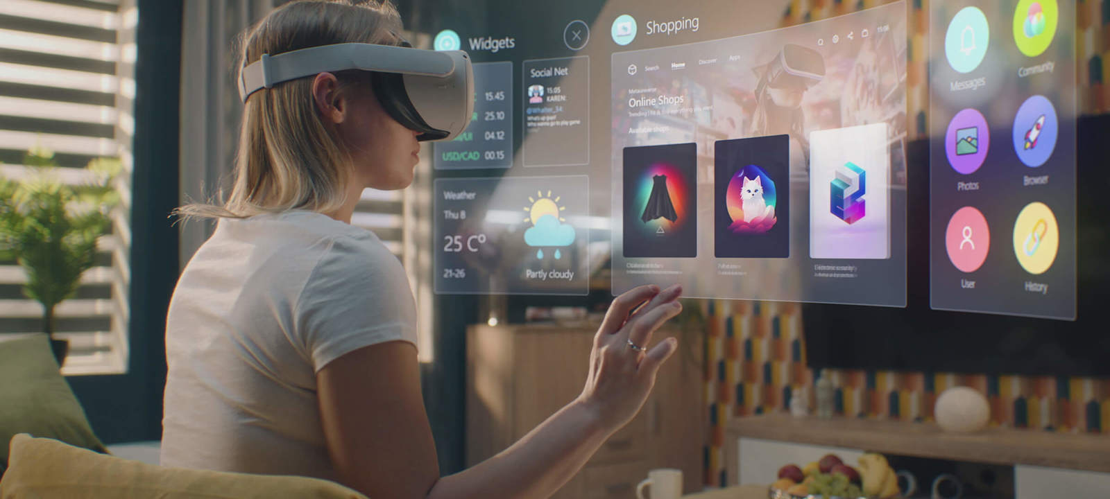 A woman interacts with virtual interfaces using a VR headset in a modern living room, navigating shopping and apps.