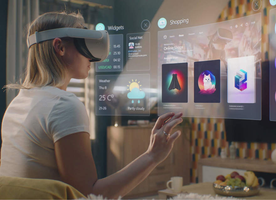 A woman interacts with virtual interfaces using a VR headset in a modern living room, navigating shopping and apps.