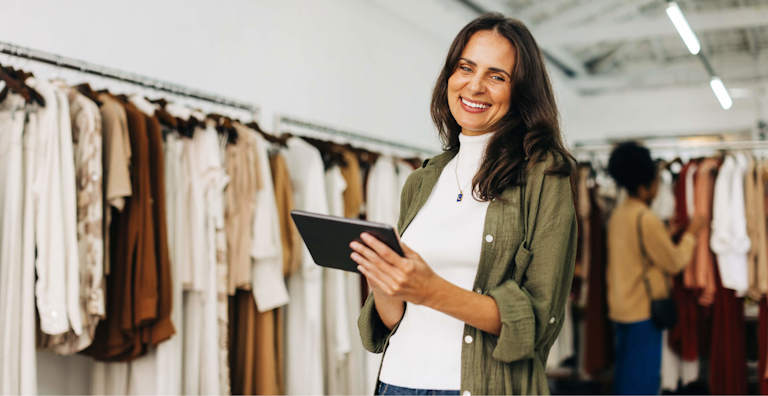 A smiling woman holding a tablet in a clothing store, standing in front of racks filled with neatly organized garments in neutral tones. She appears to be using the tablet for inventory or customer service. Another shopper is browsing the racks in the background.