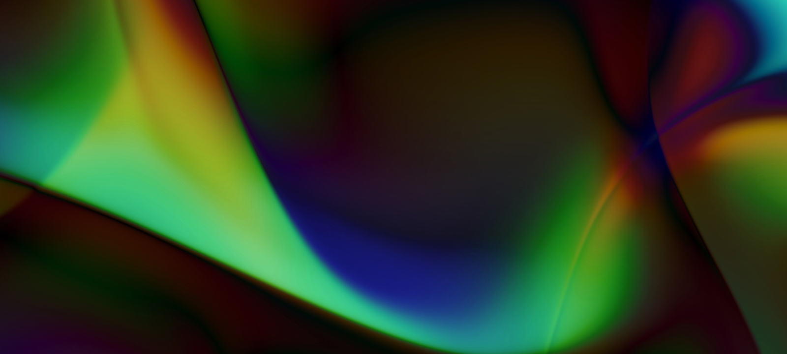 Abstract digital image with flowing, gradient shapes blending dark green, blue, and warm hues of yellow, orange, and red, creating a smooth, fluid pattern