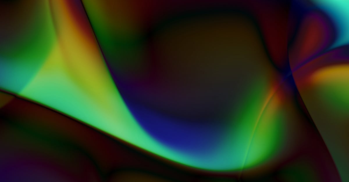 Abstract digital image with flowing, gradient shapes blending dark green, blue, and warm hues of yellow, orange, and red, creating a smooth, fluid pattern