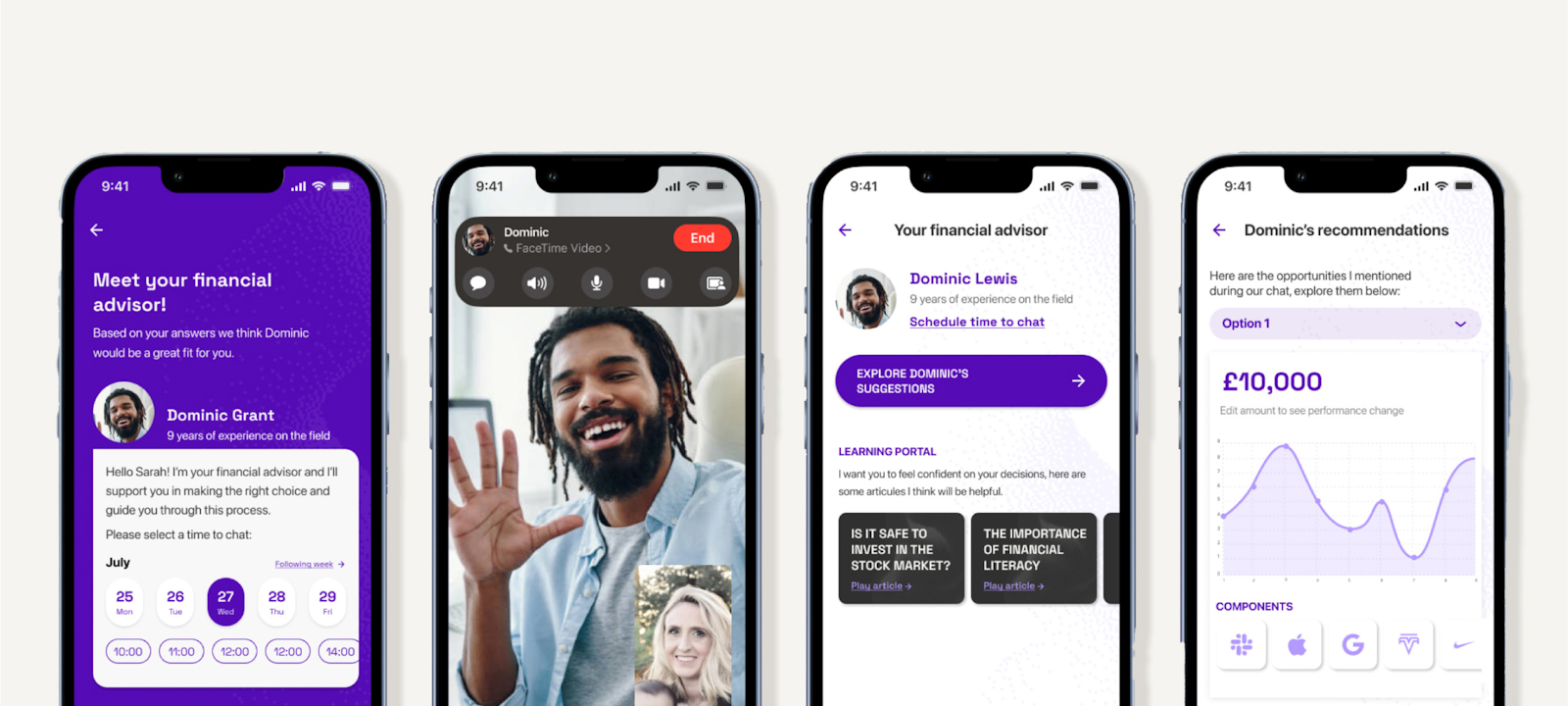 Four smartphone screens show a financial advisory app with an introduction, video call, advisor suggestions, and investment recommendations.