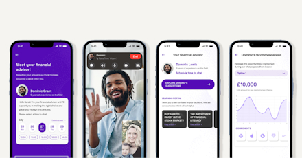 Four smartphone screens show a financial advisory app with an introduction, video call, advisor suggestions, and investment recommendations.