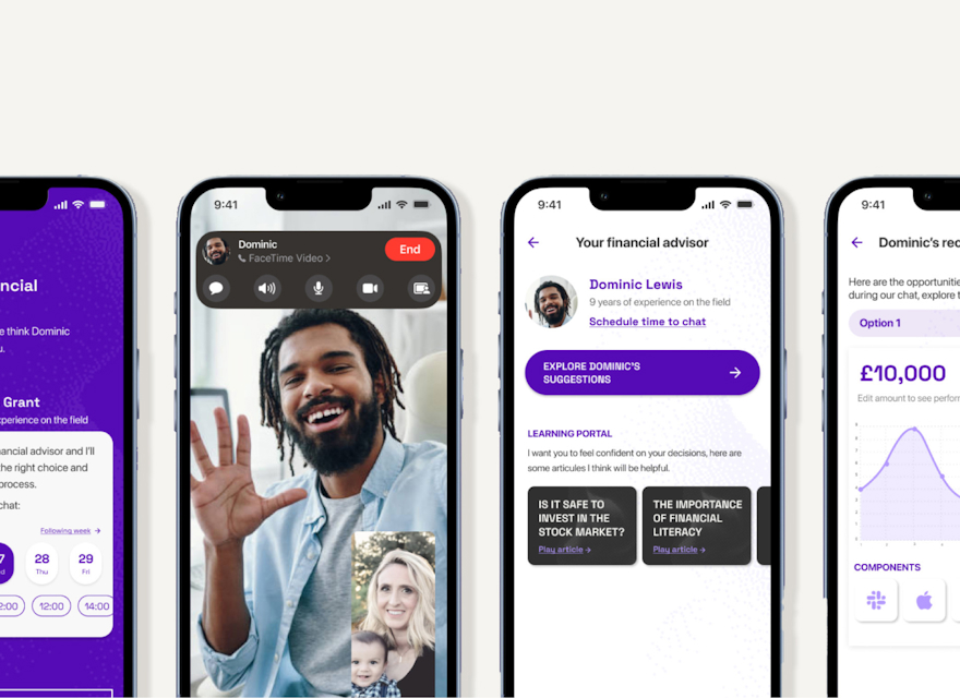 Four smartphone screens show a financial advisory app with an introduction, video call, advisor suggestions, and investment recommendations.