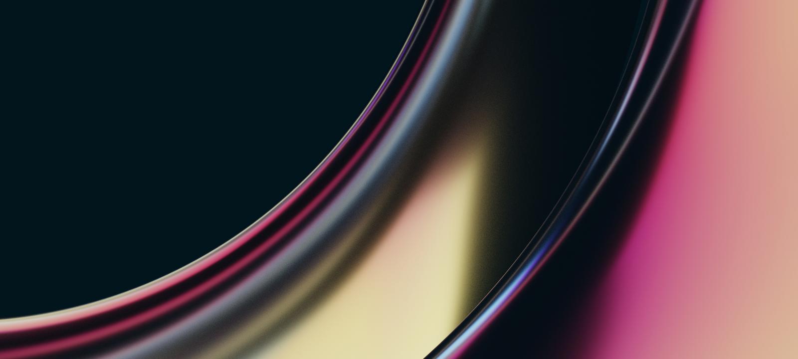 An abstract close-up of smooth, curved surfaces with gradient lighting in shades of pink, yellow, and black, representing a modern or futuristic design element.