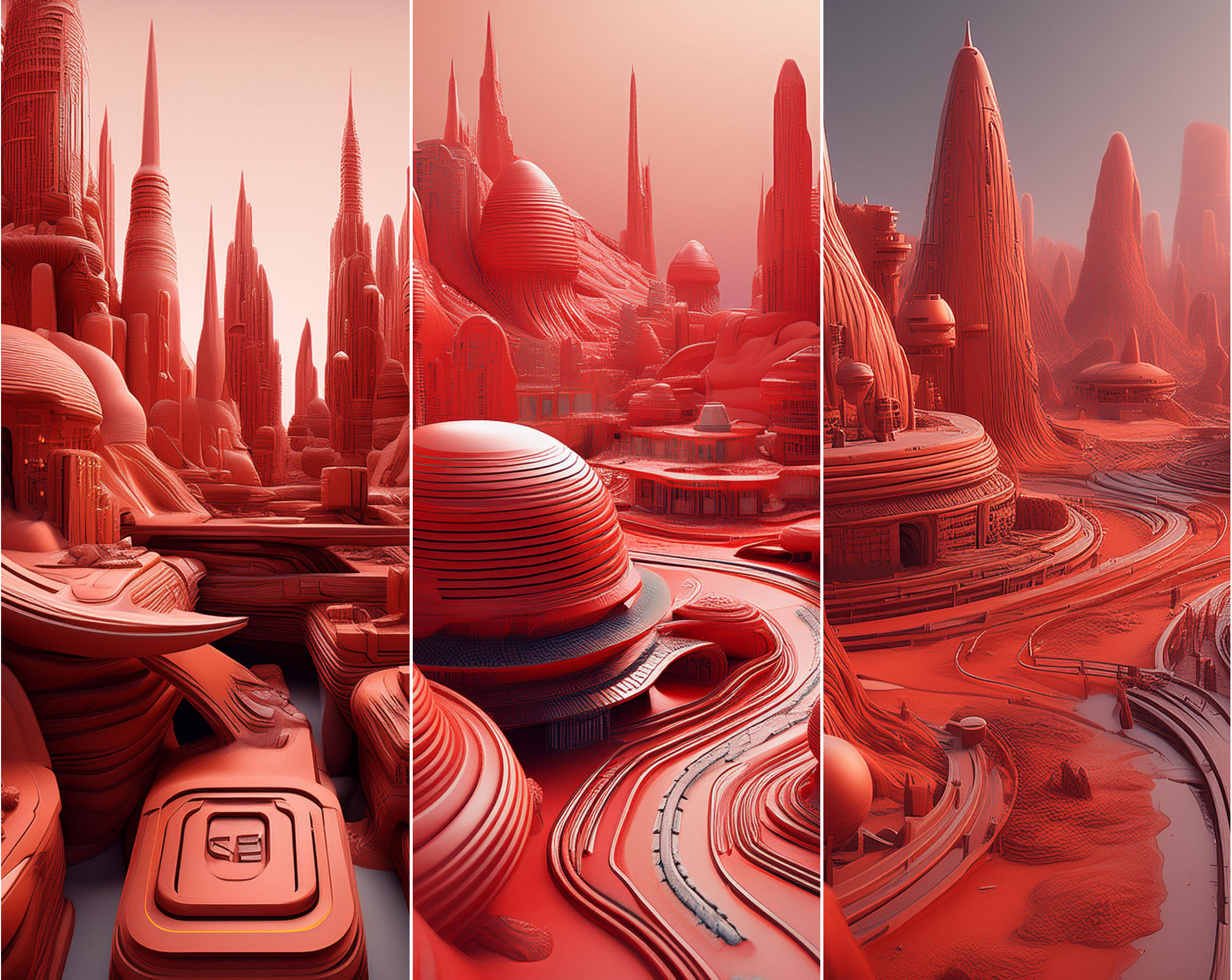 Futuristic cityscape with tall, sleek spires and rounded, organic structures in a monochromatic red color scheme