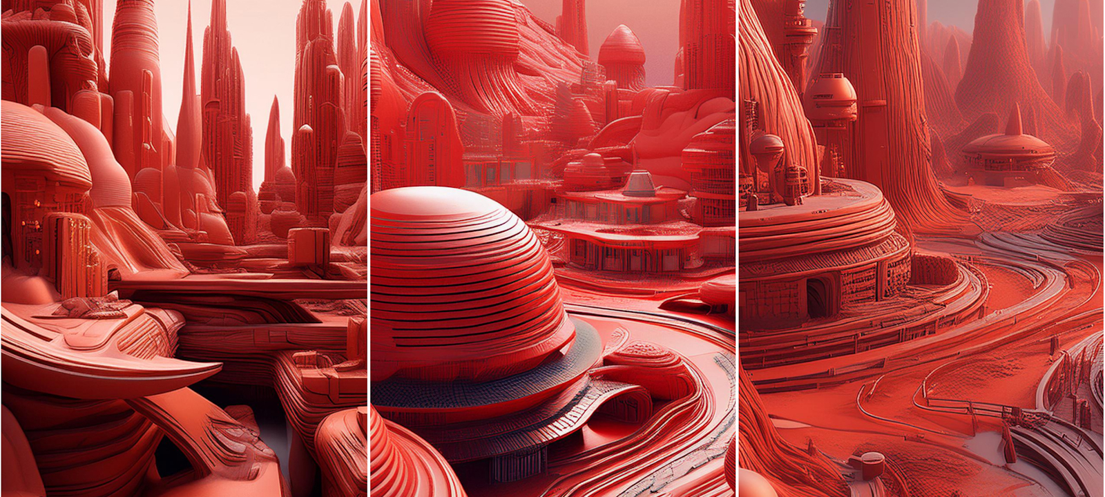 Futuristic cityscape with tall, sleek spires and rounded, organic structures in a monochromatic red color scheme