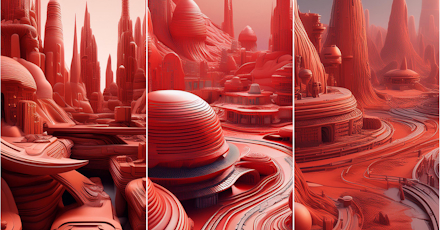 Futuristic cityscape with tall, sleek spires and rounded, organic structures in a monochromatic red color scheme