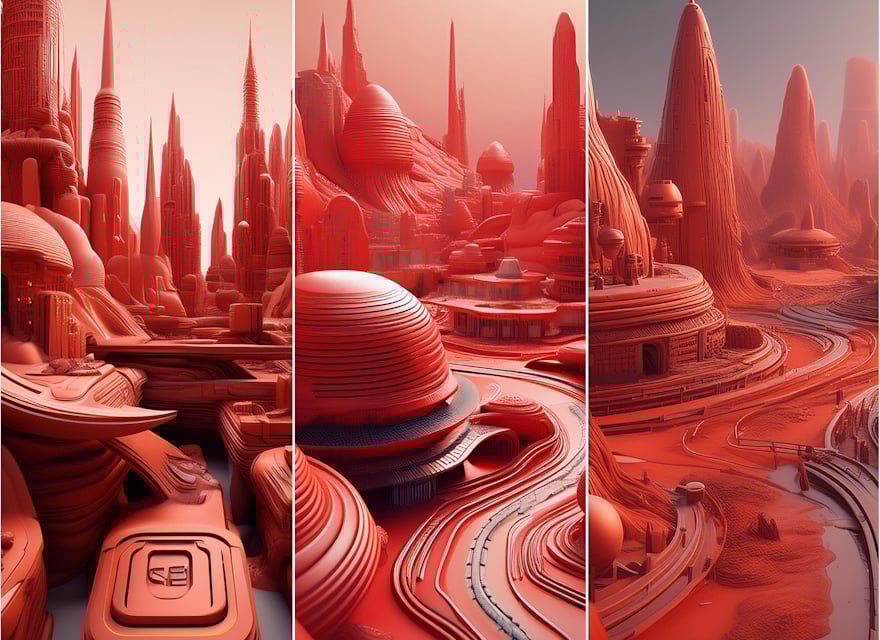 Futuristic cityscape with tall, sleek spires and rounded, organic structures in a monochromatic red color scheme