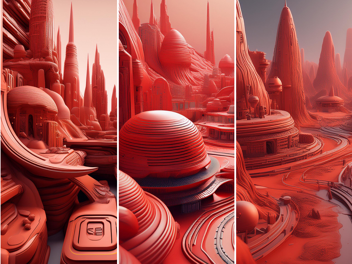 Futuristic cityscape with tall, sleek spires and rounded, organic structures in a monochromatic red color scheme