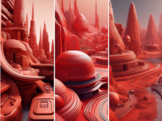 Futuristic cityscape with tall, sleek spires and rounded, organic structures in a monochromatic red color scheme