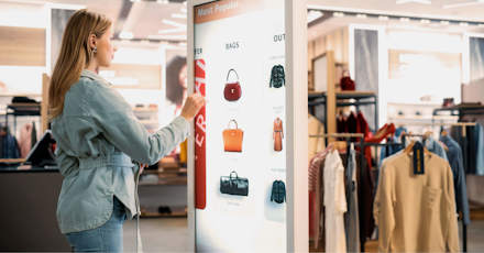 Woman using an interactive digital kiosk to browse handbags in a modern retail store.