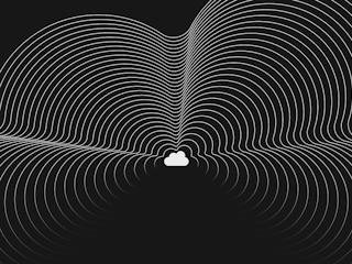 Black and white illustration of a fluffy cloud with soft edges, set against a plain background.