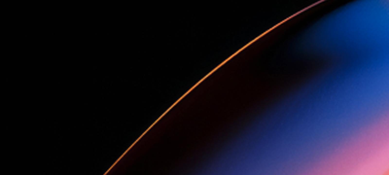 Abstract digital artwork featuring a glowing curved line transitioning from orange to pink and blue against a dark background, creating a futuristic and sleek visual effect.