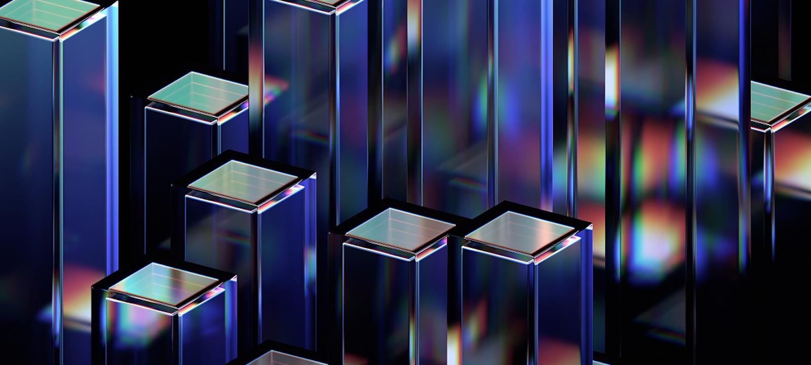 A cluster of blue and purple cubes set against a sleek black background