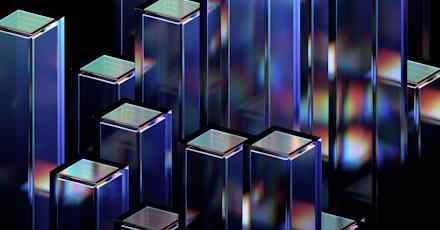 A cluster of blue and purple cubes set against a sleek black background
