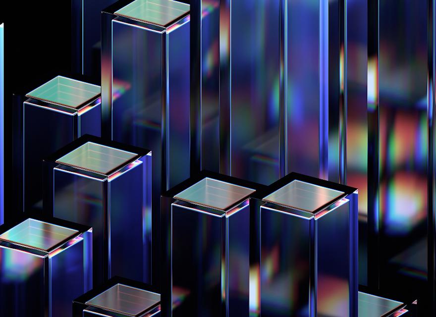 A cluster of blue and purple cubes set against a sleek black background