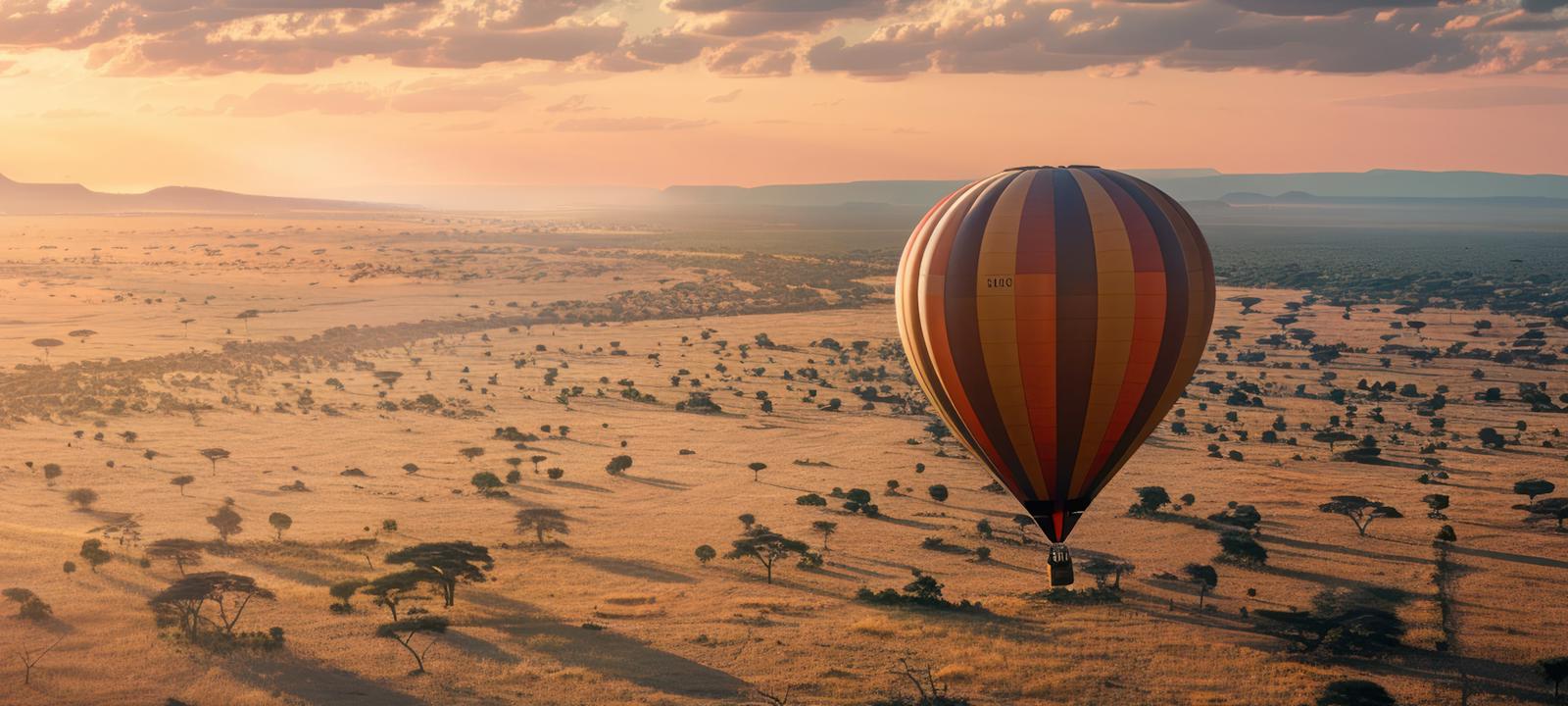 A hot air balloon with red and black stripes floats above the vast African savanna at sunset, casting long shadows over scattered acacia trees and golden grasslands.