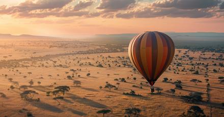 A hot air balloon with red and black stripes floats above the vast African savanna at sunset, casting long shadows over scattered acacia trees and golden grasslands.