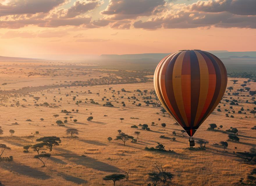 A hot air balloon with red and black stripes floats above the vast African savanna at sunset, casting long shadows over scattered acacia trees and golden grasslands.