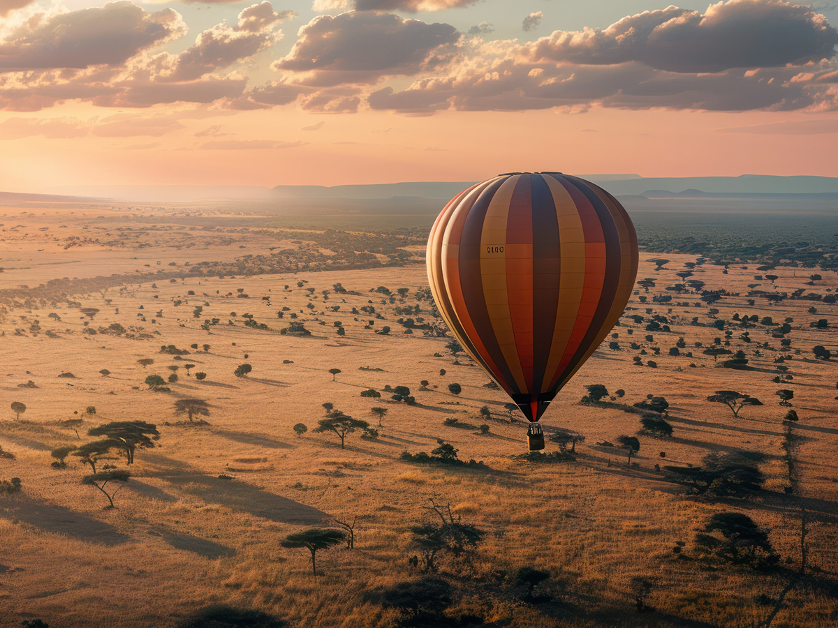 A hot air balloon with red and black stripes floats above the vast African savanna at sunset, casting long shadows over scattered acacia trees and golden grasslands.