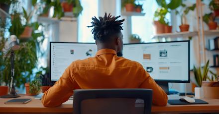 A man sits at a desk, focused on two computer screens displaying various work tasks.