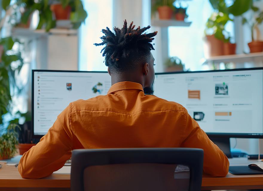 A man sits at a desk, focused on two computer screens displaying various work tasks.